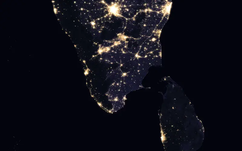 Light emissions in south India and Sri Lanka at night