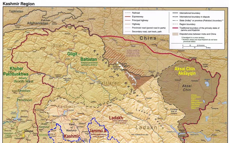 Kashmir region. LOC 2003626427 - showing Jammu division administered by India in neon blue